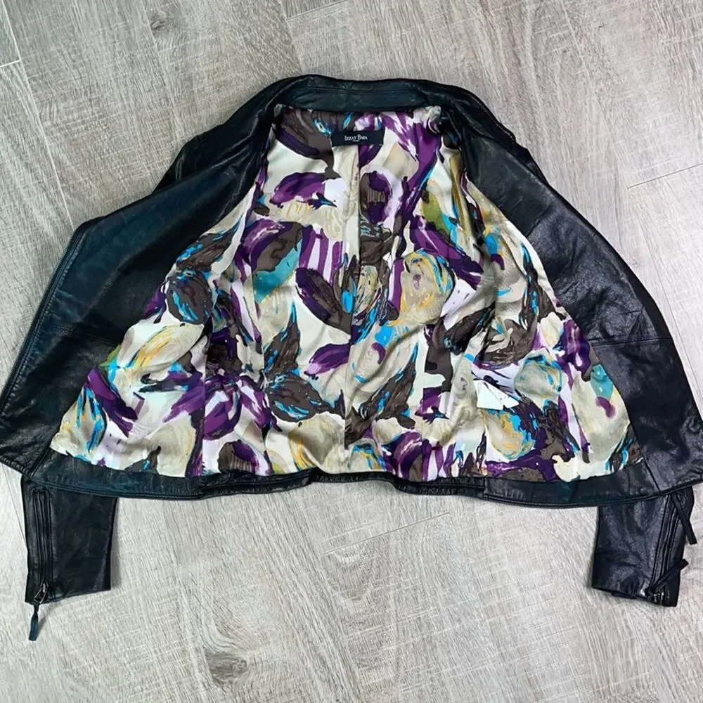 IZZAT BABA NEW YORK Women's Black Cross Zip Front Leather Jacket